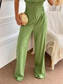 Women's Set: Top With Open Back And Wide Leg Pants With Bags - màu xanh lá - Xem 7