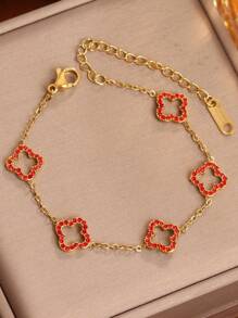 1 chiếc vòng tay bằng thép không gỉ mới thời trang độc đáo hình hoa bốn lá rỗng pha lê hình cỏ ba lá cho phụ nữ, phong cách hợp thời trang Châu Âu và Mỹ - Vòng tay hoa bốn lá rỗng đầy kim cương - Xem 14