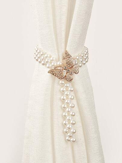 1pc/2pcs Rhinestone Butterfly Shaped Pearl Beaded Curtain Tieback With Elastic Band Gifts Birthday Graduation