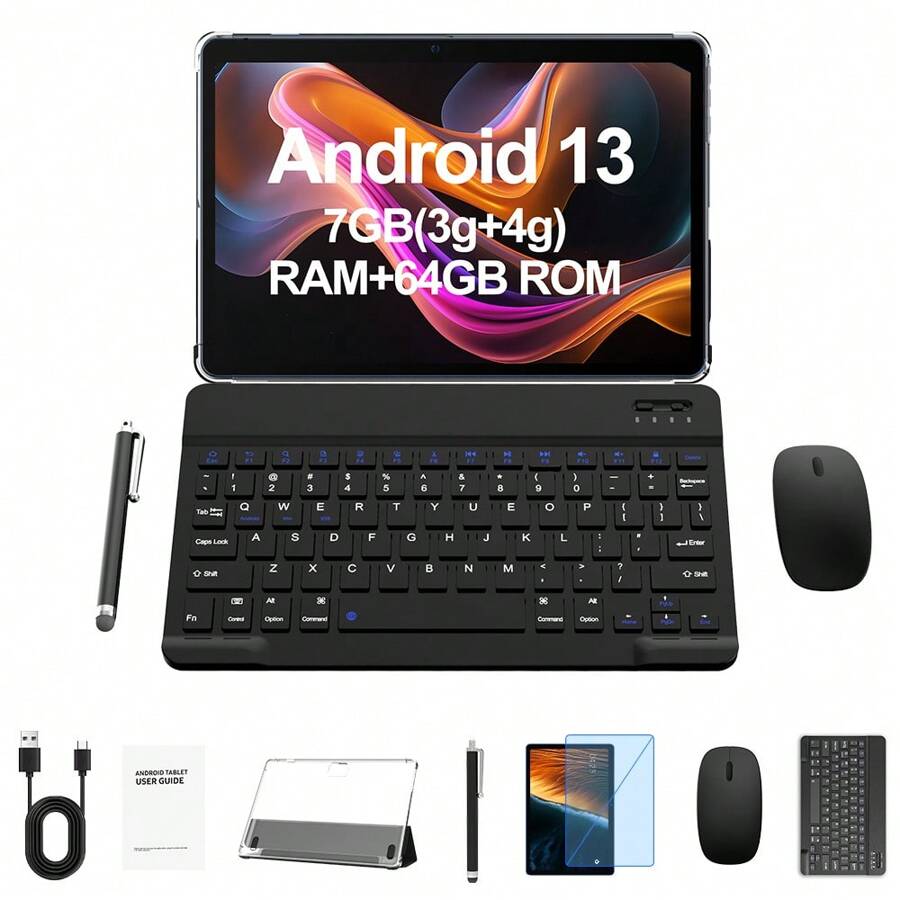 10 Inch Android Tablet, Android 13 Tablets 7GB (3+4) RAM 64GB ROM, 1TB SD Expansion, 5G Dual Band WIFI6 Tablet, 2MP+8MP Camera, 6000mAh Battery, 1280*800 IPS HD Tablet PC, 2 In 1 Tablet With Keyboard, Case, Stylus - Màu xanh lam - Xem 1