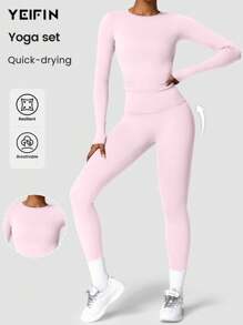 YEIFIN Conjunto de dos piezas de invierno para mujer, camiseta de manga larga lisa y leggings, conjunto de chándal, top deportivo de cuello redondo y pantalones ajustados para yoga, entrenamiento en el gimnasio, ropa deportiva de primavera/verano para mujer