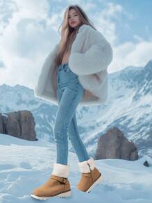 女士冬靴新款毛领侧拉链圆头休闲驼色中筒靴短靴带扣雪地靴保暖内衬时尚舒适防滑英伦风靴子，加大码 - 駝色 - 查看 6