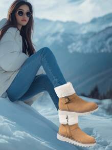 女士冬靴新款毛领侧拉链圆头休闲驼色中筒靴短靴带扣雪地靴保暖内衬时尚舒适防滑英伦风靴子，加大码 - 駝色 - 查看 2