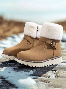 女士冬靴新款毛领侧拉链圆头休闲驼色中筒靴短靴带扣雪地靴保暖内衬时尚舒适防滑英伦风靴子，加大码 - 駝色 - 查看 3