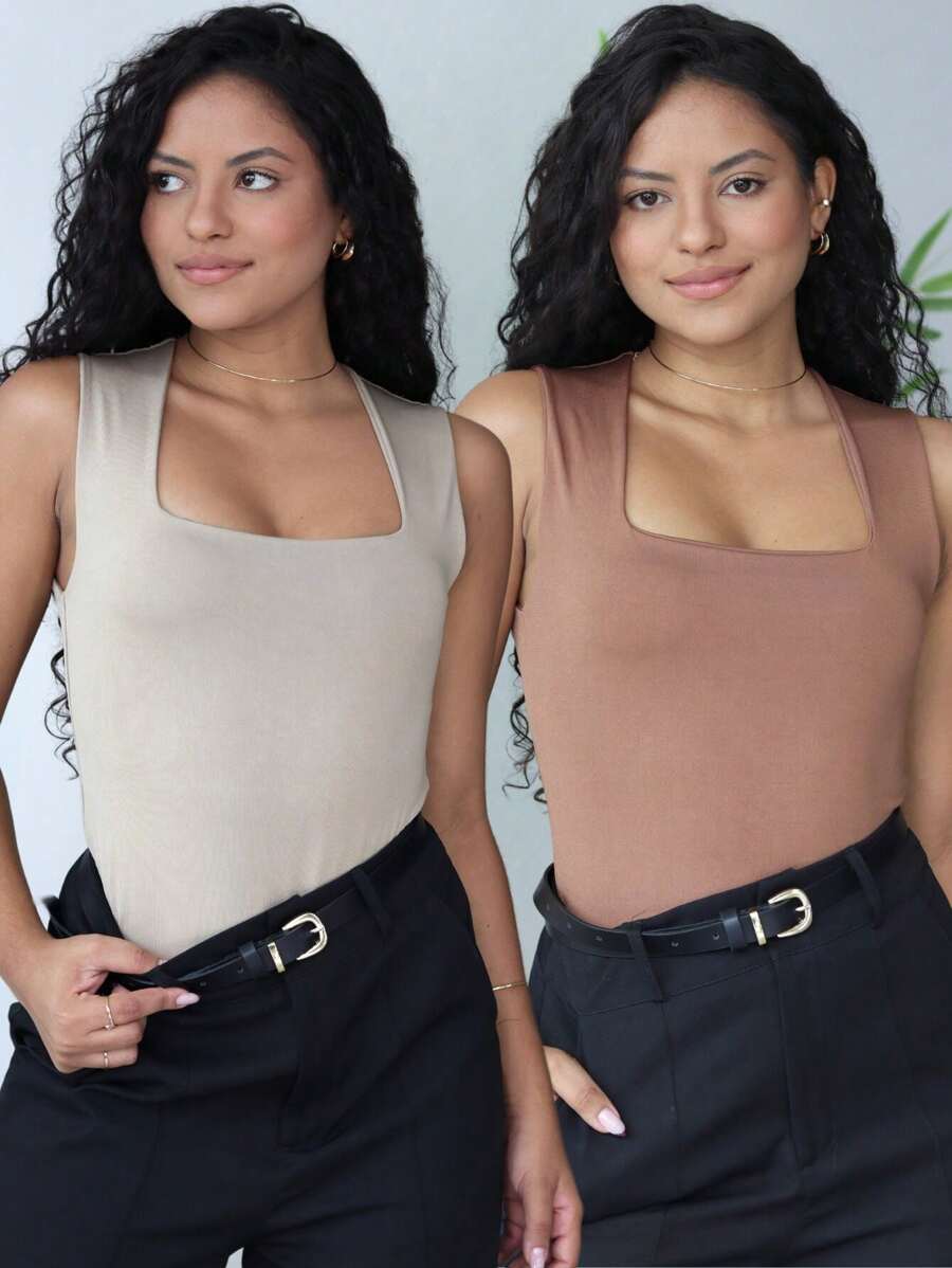 Kit 2 Women's Bodysuit Square Neckline Wide Strap Plain Suplex Tank Top Casual - Màu nâu  Mocha - Xem 1