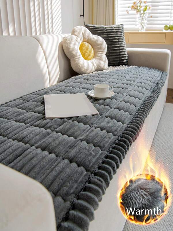 1pc Quilted Plush Sofa Cover, Solid Color Nordic Style Thickened 3D Design Fluffy Sofa Slipcover For Winter, Anti-Slip & Anti-Scratch Couch Cover For Living Room Bedroom Study,1/2/3/4 Seater Sofa With Armrest & Backrest