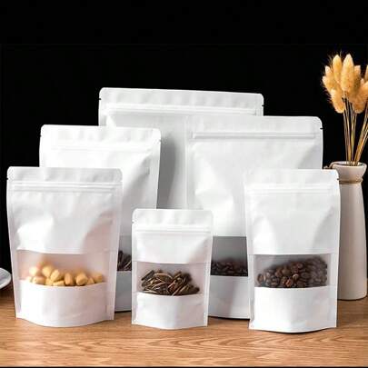 100 pièces Sachets debout en papier kraft blanc avec fenêtre translucide, sacs d'emballage pour aliments secs, noix, grains, thé, cadeaux de fête