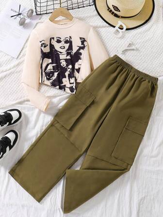 Set de 2 piezas - Top de cuello redondo con estilo urbano de + pantalones cargo de unicolor para niña preadolescente