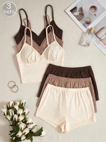 6pcs/Pack Women Solid Color Comfortable Spaghetti Strap Top & Shorts Pajama Set - Multicolor - View 1