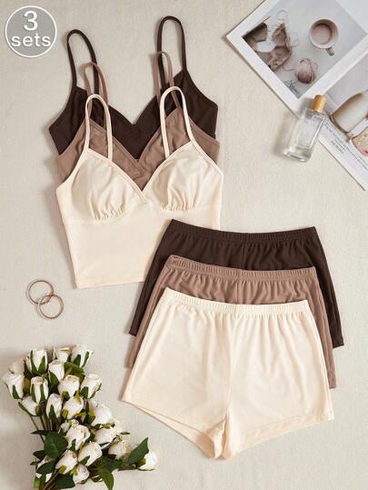 Set de pijama de 6 piezas/paquete con top de tirantes y shorts de unicolor cómodos para mujer