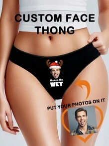 1 件圣诞定制字母印花性感蕾丝低腰趣味丁字裤，拉伸展现曲线臀部，适合情侣/丈夫 - 黑色 - 查看 1