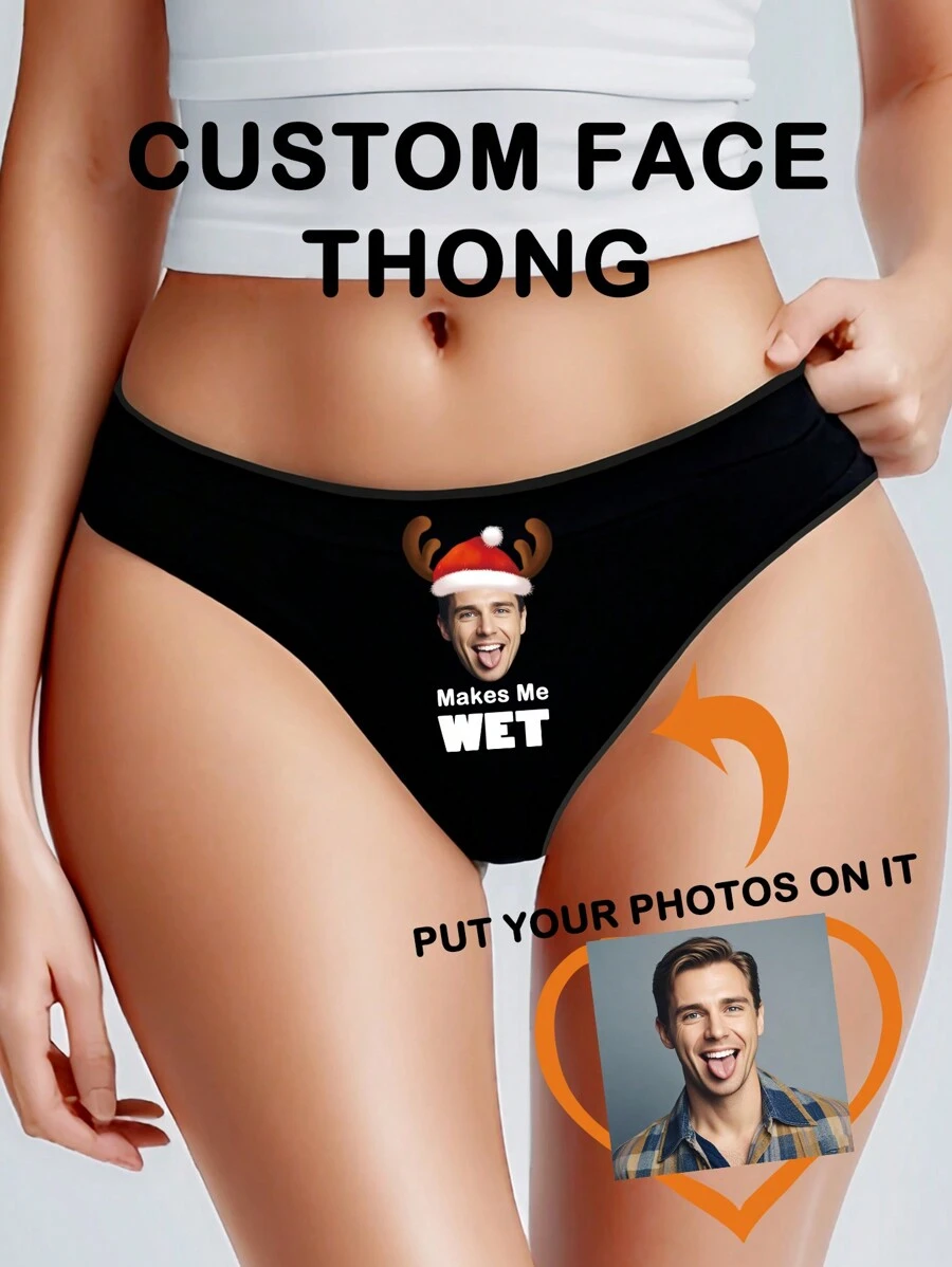 1 件圣诞定制字母印花性感蕾丝低腰趣味丁字裤，拉伸展现曲线臀部，适合情侣/丈夫 - 黑色 - 查看 1