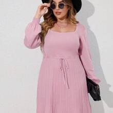 Plus Size Casual Sweater Dress For Women - Stylish Above Knee Length With Tie Waist, Long Lantern Sleeves, Square Neck, Available In Apricot, Army Green, Black, Grey, Purple, Pink, And Blue - Perfect For Autumn And Winter Wear - 粉紅深皮紅A658 - 查看 5