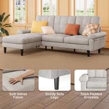 82" L-Shaped Modern Couch, Convertible Sectional Sofa With Soft Velvet For Living Room, Apartment And Office - 淺灰色 - 查看 6