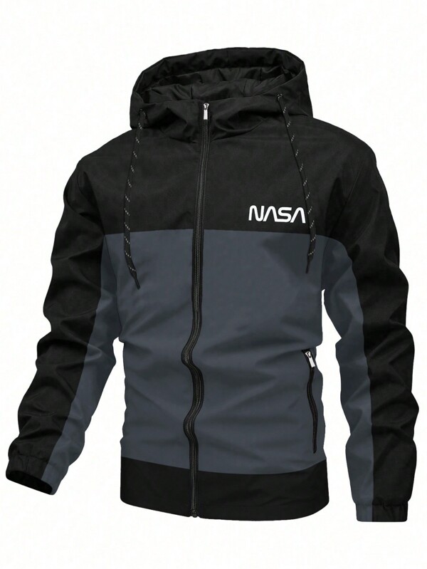 Veste à capuche zippée avec cordon de serrage, style sport décontracté, imprimé bloc de couleur et lettrage, pour le printemps et l'automne