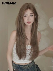 NAMM Peluca larga y recta de color marrón de moda para mujeres, con línea de cabello natural, frontal de encaje pequeño, densidad 2*0.5, parte en U sin pegamento, fibra resistente al calor, peluca sintética con capas frontal de encaje para uso diario, fiesta y principiantes, 30 pulgadas - Marrón - Ver 2