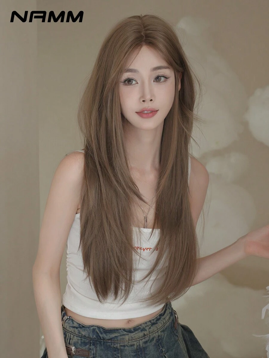 NAMM Peluca larga y recta de color marrón de moda para mujeres, con línea de cabello natural, frontal de encaje pequeño, densidad 2*0.5, parte en U sin pegamento, fibra resistente al calor, peluca sintética con capas frontal de encaje para uso diario, fiesta y principiantes, 30 pulgadas