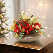 Christmas Arrangement Lilies Artificial Flower Glass Vase Centerpiece - 紅色 - 查看 4
