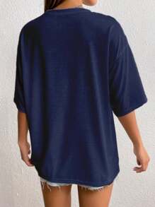 Women's Oversized America T-Shirt Off-The-Shoulder Blouse 100% Cotton - 藏蓝色 - 查看 2