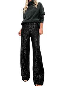Women Sequins Wide Leg Pants Shiny Loose Casual Elastic High Waist Trousers For Work Office Streetwear - 黑色 - 查看 1