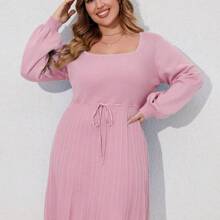 Plus Size Casual Sweater Dress For Women - Stylish Above Knee Length With Tie Waist, Long Lantern Sleeves, Square Neck, Available In Apricot, Army Green, Black, Grey, Purple, Pink, And Blue - Perfect For Autumn And Winter Wear - 粉紅深皮紅A658 - 查看 3