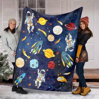 1pc Cosmic Astronaut Pattern Flannel Blanket, Soft Warm Throw Blanket Nap Blanket For Couch Sofa Office Bed Camping Travel, Multi-Purpose Gift Blanket For All Season