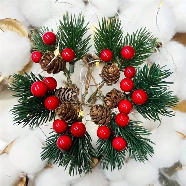 6/10 pièces de décorations de Noël artisanales en orme artificiel avec baies rouges, branches de pin artificiel avec cônes, épines de pin avec pomme de pin rouge à suspendre, emballage cadeau innovant DIY, ornements pour sapin de Noël, décoration de fête artisanale, Saint-Valentin, cadeau