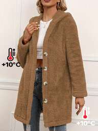 Mulheres Fuzzy Botão Capuz Casual Cor Sólida Manga Comprida Jaqueta Quente