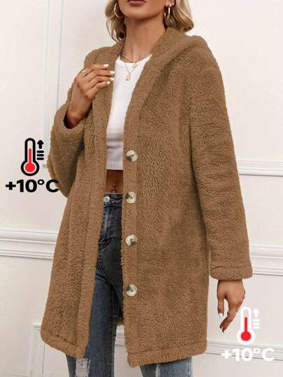 Chaqueta casual con capucha con botones, de unicolor, de manga larga y cálida para mujer