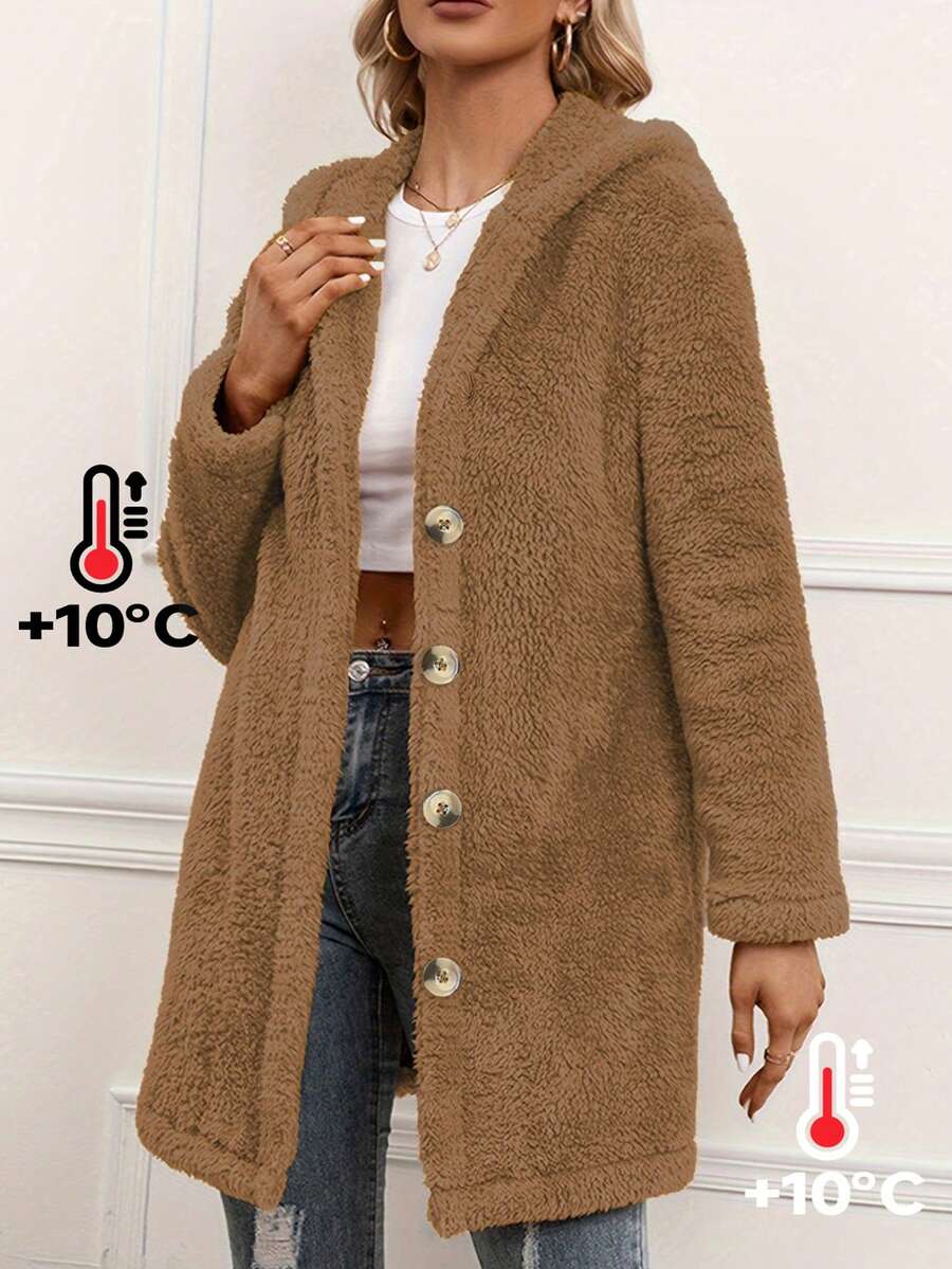 Áo khoác dài tay màu trơn có mũ trùm đầu cho nữ - màu nâu - Xem 1