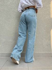 The Lemon 1301 With Black Belt Wide Leg Jeans Pants With Bag Women's Without Rips 1301 With Belt - 中等水洗藍 - 查看 2