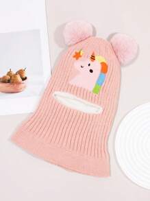 1 pièce Capuchon d'oreilles en tricot épais, chaud et coupe-vent pour l'hiver, avec broderie de personnage de dessin animé mignon et double pompon, pour fille