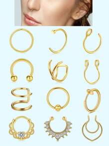 4 件假鼻环，316L 不锈钢人造鼻中隔穿孔，夹式非穿孔鼻环，性感 K 型耳环珠宝时尚配饰 - Golden - 查看 1