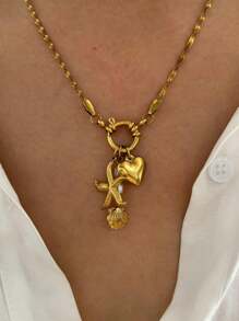 Monlansher 1pc Exclusive New Multi-Element Pendant Stainless Steel Women Necklace With Wave Link Chain Decorated With Starfish, Heart, Shell Charms, Personalized Fashion Minimalist Women Stainless Steel Pendant Necklace