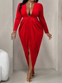 BIUBIU 女长袖V领红色节日音乐节新年情人节演唱会优雅通勤性感长款连衣裙 - 紅色 - 查看 7