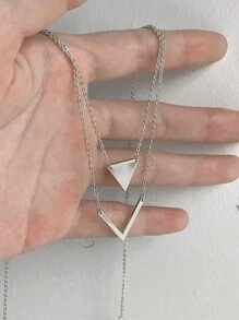 1pc Luxury Lightweight Double Layer V-Shape Stainless Steel Necklace - Silver - View 3