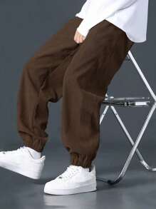 1pc Teen Boy Solid Color Casual Outdoor Sports Drawstring Waist Corduroy Pants, Versatile And Minimalist, Suitable For Autumn/Winter - Coffee Brown - View 1