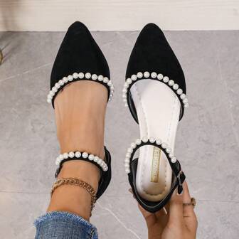 2024 New Spring Women Flats Closed Toe Pearl Buckle Sandals, Korean Fashion Pointed Toe Soft Comfortable Shoes