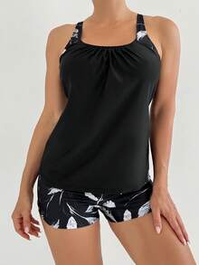 Floral Print Spaghetti Strap Backless Tankini Swimsuit Set, Casual Sexy Beach Outfit, Medium Stretch - Black - View 4