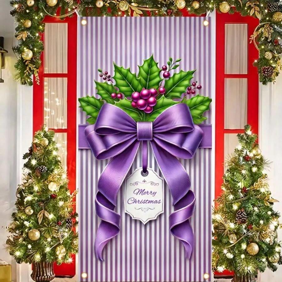 Móc treo cửa Giáng sinh màu tím với thiết kế Holly Berry, Biểu ngữ Polyester HEGO đa năng phù hợp cho trang trí nhà cửa, sân vườn, bãi cỏ, sân và ngoài trời vào dịp lễ và mùa đông. Đây là đồ trang trí ngày lễ đa chức năng không cần dùng điện - Nhiều màu - Xem 1
