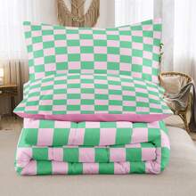Green Pink Plaid Comforter Sets Twin/Full/Queen/King Women Men Green Checkerboard Grid Bedding Boys Girls Modern Grass Checkered Geometric Quilts Aesthetic Room Decor - 粉色 - 查看 4