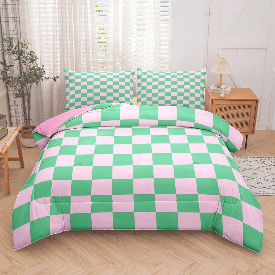 Green Pink Plaid Comforter Sets Twin/Full/Queen/King Women Men Green Checkerboard Grid Bedding Boys Girls Modern Grass Checkered Geometric Quilts Aesthetic Room Decor - 粉色 - 查看 1