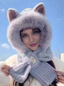 Set de 3 en 1 con gorro con orejas de zorro de peluche, bufanda y calentador de cuello, acogedor para el invierno y Halloween - Multicolor - Ver 5