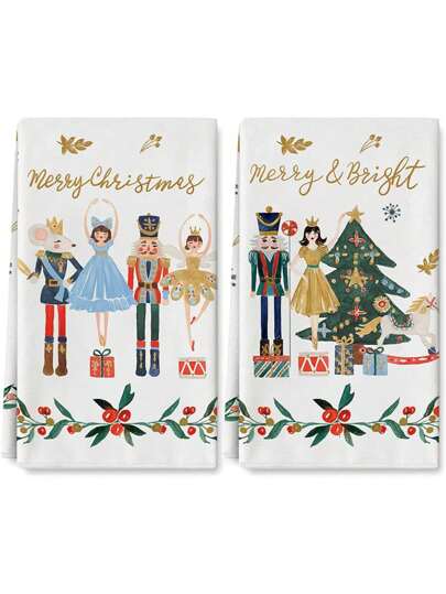 1 件/2 件胡桃夹子圣诞白色超柔软纤维厨房毛巾，圣诞厨房装饰洗碗巾，18 英寸 X 26 英寸家居装饰毛巾，清洁洗碗布