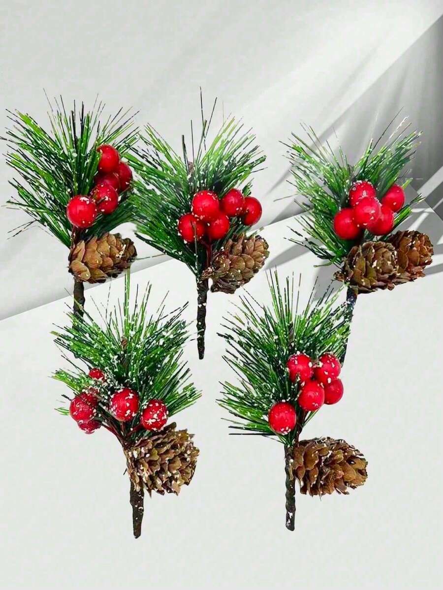 1/6pcs Christmas Mini Artificial Pine Needle Berry Plant Fake Branches