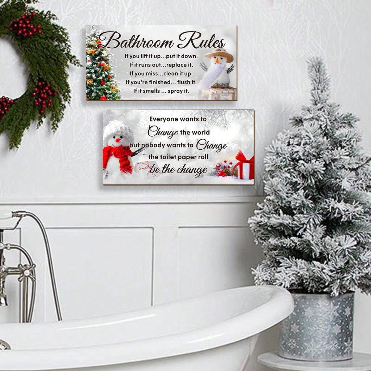 2 Pcs Funny Snowman Winter Bathroom Wood Wall Decor Bathroom Rules Wall