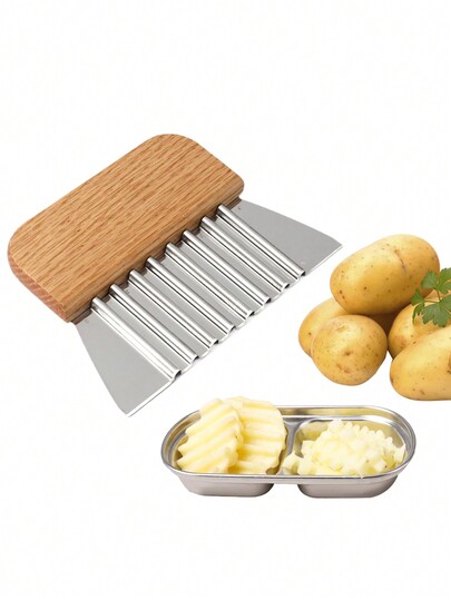 1 pieza Cortador de patatas de acero inoxidable, cortador de patatas fritas con mango de madera, cuchillo de patatas ondulado creativo, herramienta de cocina cuchillo ondulado, rebanador de patatas, regalos de Acción de Gracias/Navidad/Halloween