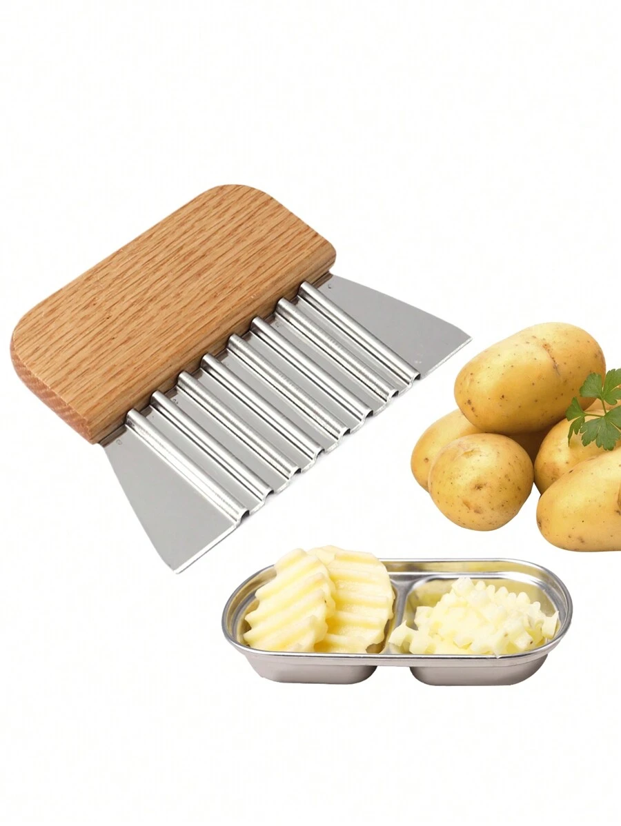 1pc Stainless Steel Wavy Cutting Knife With Wooden Handle, Wavy Potato Slicer, Creative Fruit And Vegetable Decorative Cutter, Suitable For Potatoes, Carrots, Cucumbers, Household Kitchen Tool, Random Wooden Handle Texture - Multicolor - View 1