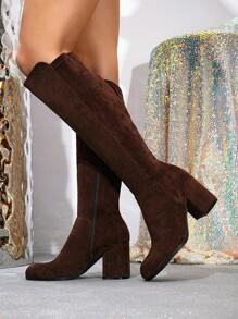 Women Comfy Faux Suede Knee High Boots Classic Versatile Long Boots Fashionable Round Toe Side Zip Chunky Heel Knee-High Riding Boots, Coffee Brown,Fashion Match Cardigan