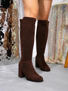 Women Comfy Faux Suede Knee High Boots Classic Versatile Long Boots Fashionable Round Toe Side Zip Chunky Heel Knee-High Riding Boots, Coffee Brown,Fashion Match Cardigan